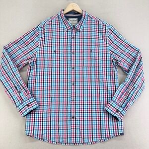 Flag & Anthem Shirt Men's L‎ Tall Blue Plaid Casual Button Down Cotton